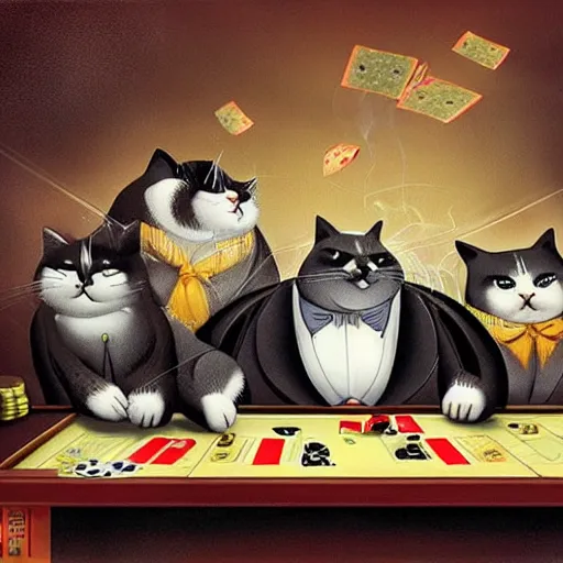 Prompt: fat mobster cats gambling at a table with a single light overhead, dark room, smoke fills the room, korean art style