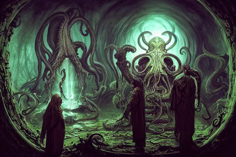 Prompt: hype realistic photorealistic hyperdetailed detailed group circle of pope priest necromancer invoking a in front of a cthulhu within a viscosity fluid lovecraft portal, wide - angle portrait, atmospheric lighting, intricate, volumetric lighting, rich deep colors masterpiece, ultra detailed, leesha hannigan, ross tran, thierry doizon, kai carpenter, ignacio fernandez rios