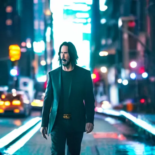 Prompt: a still of Keanu Reeves. Shallow depth of field. City at night in background, lights, colors ,studio lighting, mood, 4K. Profession photography