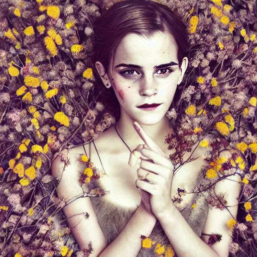 Image similar to fine art photo of the beauty goddess emma watson, she has a crown of dried flowers, by oleg oprisco