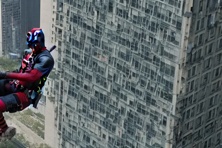 Prompt: 85mm Deadpool jumps off helicopter and smashes through high rise window by Emmanuel Lubezki