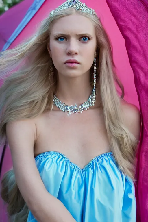 Prompt: a princess with long blonde hair and light blue eyes wearing a strapless elaborately beaded pink dress standing next to a tent, high resolution film still, 8k, HDR color, film by Simon Langton and David Frankel, triangular face, very light freckles, round narrow chin, straight jawline, natural lips, high cheekbones, beautiful gazing eyes