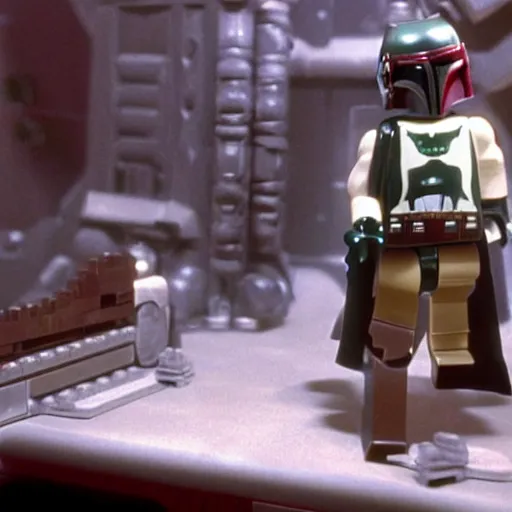 Image similar to boba fett in a scifi western saloon, movie still from star wars the empire strikes back, lego