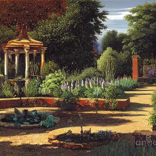 Prompt: A serene landscape of a garden by Guido Borelli da Caluso