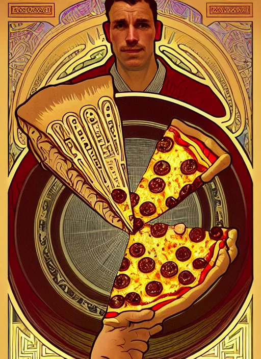 Image similar to unlucky man dropping all the pizza, intricate, elegant, highly detailed, lighting, painting, artstation, smooth, illustration, art by greg rutowski and alphonse mucha,