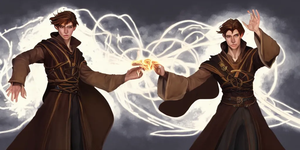 Prompt: concept art of a handsome young caucasian male sorcerer with brown hair he is casting a spell that is emanating from his hands he is in a alchemist lab, action pose, medium shot, waist up, dungeons and dragons art, magic the gathering art