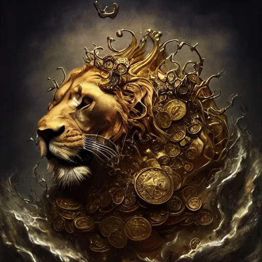 Image similar to a beautiful detailed 3 d matte portrait of a alchemist lion, by ellen jewett, by tomasz alen kopera, by justin gerard, ominous, magical realism, texture, intricate, skull, skeleton, gold coins, money, whirling smoke, alchemist bottles, radiant colors, fantasy, volumetric lighting, high details