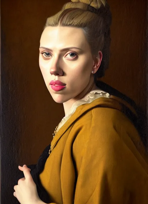 Image similar to portrait of scarlett johansson, oil painting byjohannes vermeer, 1 7 th century, art, oil on canvas, wet - on - wet technique, realistic, expressive emotions, intricate textures, illusionistic detail