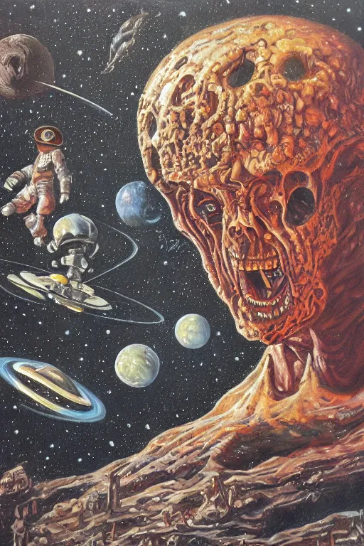 Image similar to space horror by jack vance, mike mignogna, highly detailed, vintage dark sci fi, oil painting
