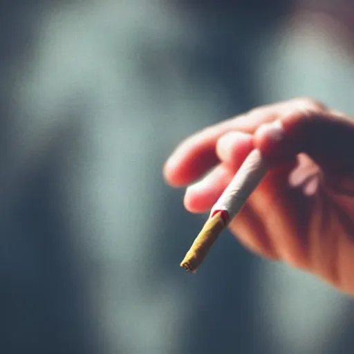 Prompt: Close-up of hand holding cigarette, real life, realistic photo, soft bokeh