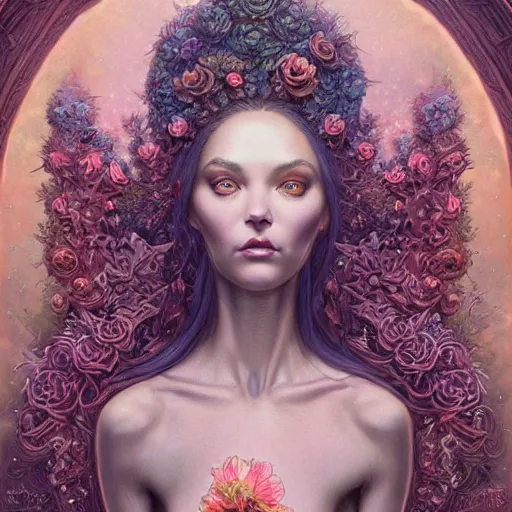 Prompt: a beautiful detailed front view portrait of a woman with ornate growing around morphing, ornamentation, flowers, elegant, beautifully lit, by wayne barlowe, peter mohrbacher, kelly mckernan,