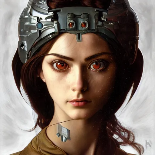 Image similar to Masterpiece portrait of battle angel Alita drawn by Donato Giancola and Tom Bagshaw, face by Artgerm and Edmund Leighton, Alphonse Mucha, background by James Jean and Gustav Klimt, 4k, robotic body, porcelain skin, komorebi, french nouveau, trending on pixiv, octane render, hyperrealistic