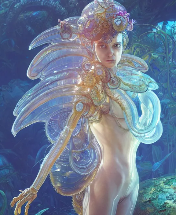 Image similar to intricate ornate opulent transparent clear see - through portrait of a beautiful male gundam alien sea slug, mottled coloring, adorable, childlike, overgrown jungle environment, ultra realistic, concept art, art nouveau, photorealistic, octane render, 8 k, unreal engine. art by christopher marley and artgerm and greg rutkowski and alphonse mucha