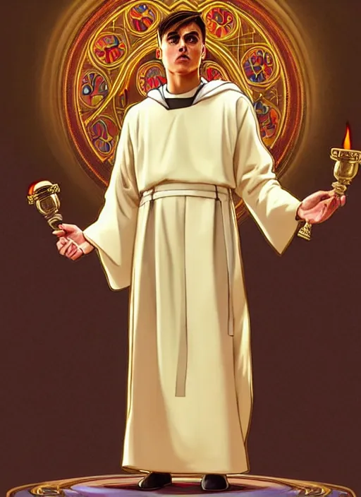 Image similar to paulo dybala as a priest wearing robes. holding golden candlestick, in a monestry natural lighting, path traced, highly detailed, high quality, digital painting, by don bluth and ross tran and studio ghibli and alphonse mucha, artgerm