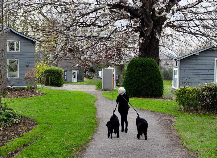 Image similar to the sour, dour, angry lady is walking her three tiny white dogs on leashes, looking down. she has gray hair. the old lady is wearing a long gray cardigan and dark pants. green house in background. large norway maple tree in foreground. view through window, across the road