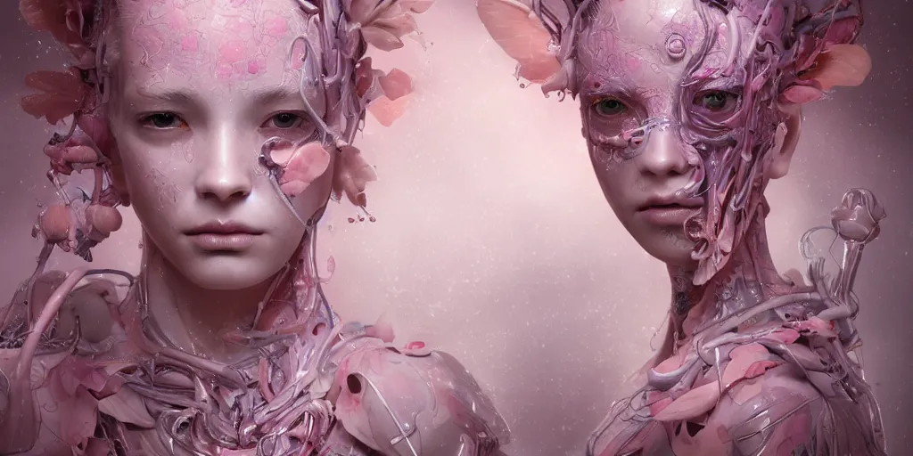 Image similar to hyperrealistic solarpunk photography of a highly detailed and symmetrical gorgeous cyborg nymph awash in a sea of pink milk in the style of beth cavener, jin kagetsu, james jean and wlop, highly detailed, face symmetry, masterpiece, award - winning, sharp focus, intricate concept art, ambient lighting, 8 k, artstation