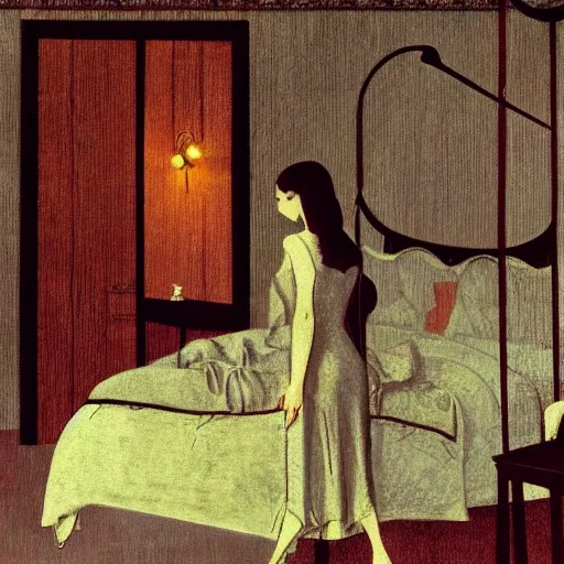 Image similar to a lonely girl in a liminal hotel room, art nouveau wallpaper, film still by wes anderson, depicted by balthus, limited color palette, very intricate, art nouveau, highly detailed, lights by hopper, soft pastel colors, minimalist