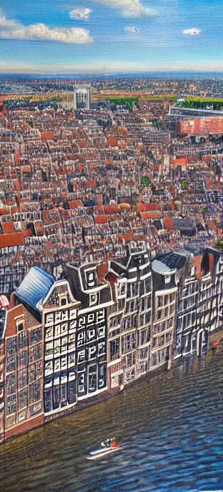 Image similar to a large oil painting of a drone view of amsterdam