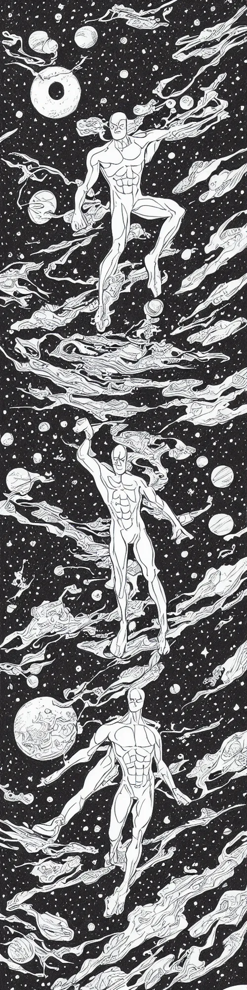 Image similar to silver surfer in space hovering above earth, by james jean, black and white, pencil drawing,