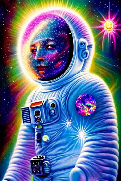 Prompt: a photorealistic detailed image of a beautiful vibrant iridescent astronaut made from clouds, spiritual science, divinity, utopian, by david a. hardy, hana yata, kinkade, lisa frank,