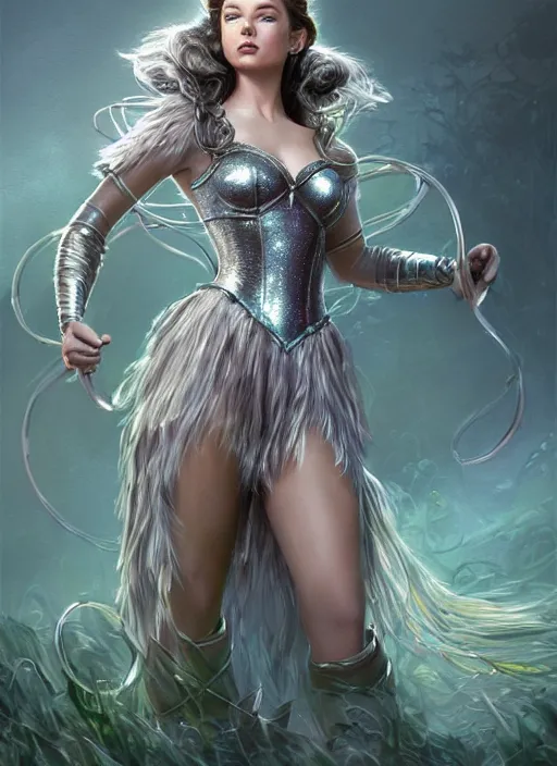 Image similar to beautiful female dorothy gale, rebecca romijn as dorothy, full body character concept, covered in full silver armor, armor plating, art nouveau, sparkling emeralds, super powers, fantasy, intricate, elegant, highly detailed, digital painting, artstation, concept art, shining, sharp focus, illustration, art by stanley lau