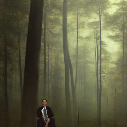 Image similar to detailed oil painting, hyper realistic | digital art, award winning | the businessman floats eerily in the misty forest, uneasy | by roberto ferri, by gustav klimt, by william waterhouse and tom bagshaw | trending on artstation, cgsociety, official art, octane, digitsl painting.