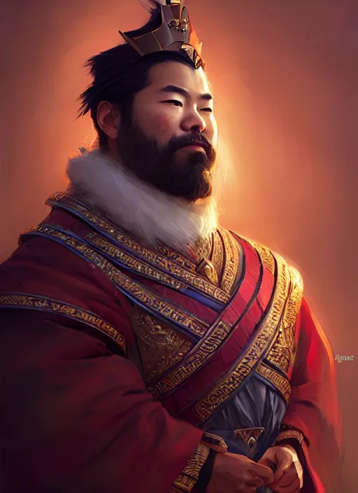 Image similar to gm hikaru nakamura dressed as a king, fantasy portrait, artstation, extremely detailed artgerm greg rutkowski