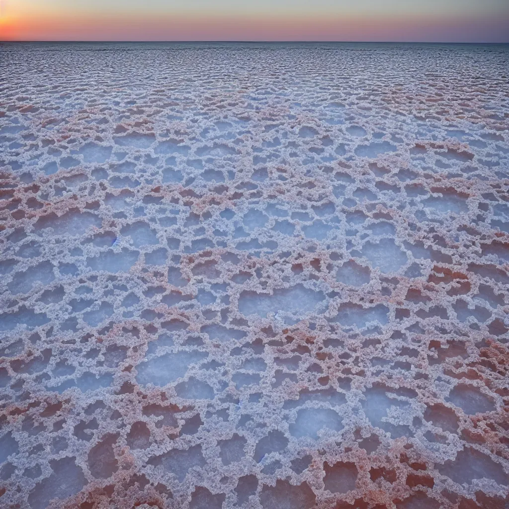 Prompt: large salt crystals formations at the dead sea, sunset, professional photo