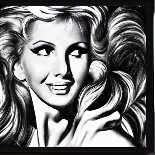 Image similar to Olivia Newton-John as Sandy from Grease (1978), smiling, pencil drawing. El Greco, Remedios Varo, Salvador Dali, Carl Gustav Carus, John Atkinson Grimshaw. Blue tint. Symetrical, logo, geometric shapes.