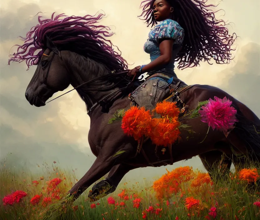 Image similar to full body portrait of young black woman riding a horse, flowing dreads, beautiful clydesdale, field of colorful flowers, highly detailed, digital painting, artstation, concept art, smooth, sharp focus, illustration, face by wlop, illustrated by mars ravelo and greg rutkowski