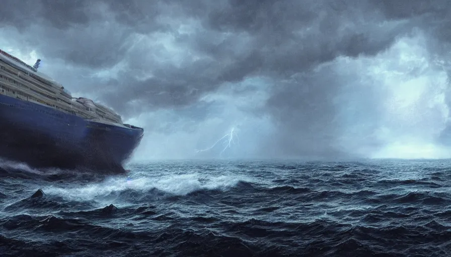 Image similar to movie poster of sinking cruise ship during thunderstorm, hyperdetailed, artstation, cgsociety, 8 k