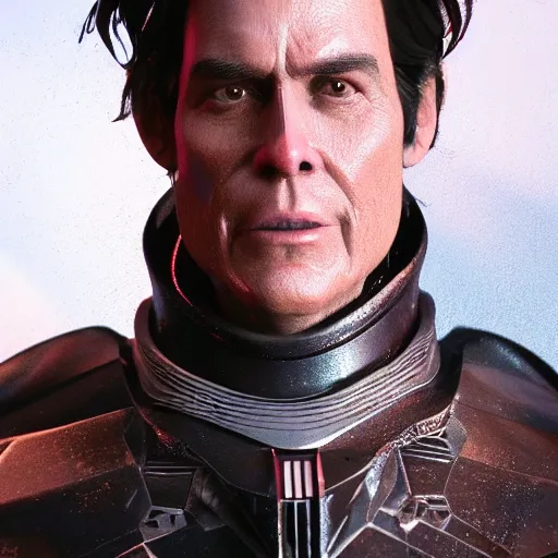 Image similar to hyperrealistic image of ace ventura in darth vader armor, stunning 3 d render, inspired by istvan sandorfi & greg rutkowski & unreal engine, perfect symmetry, dim volumetric cinematic lighting, 8 k octane comprehensive render, extremely hyper - detailed, incredibly lifelike attributes, intricate, real flesh texture, masterpiece, artstation, stunning,