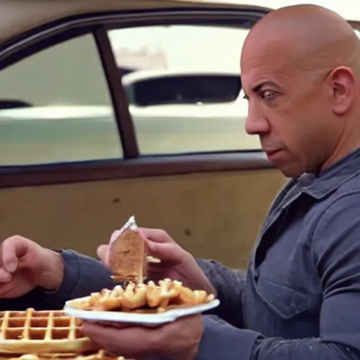 Prompt: movie still of vin diesel eating waffles in a car