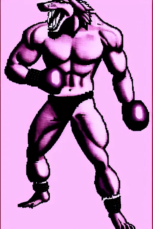 Image similar to full body shot antropomorphic muscular masculine wolf. kickboxer, in sport pants. wolf head. furr on body. 8 bit nes graphics. retrowave futuristic 8 0's