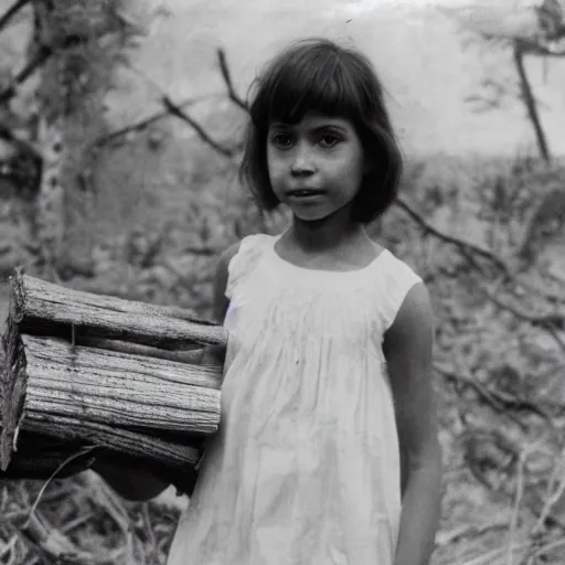 Image similar to a young girl with short brown hair wearing a white dress and holding a bundle of firewood, high resolution film still