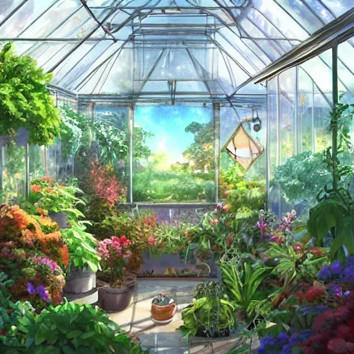 Image similar to a heavenly dream view from the interior of my cozy greenhouse filled with exotic and numerous plants from a Makoto Shinkai oil on canvas inspired pixiv dreamy scenery art majestic fantasy scenery cozy window frame fantasy pixiv scenery art inspired by magical fantasy exterior