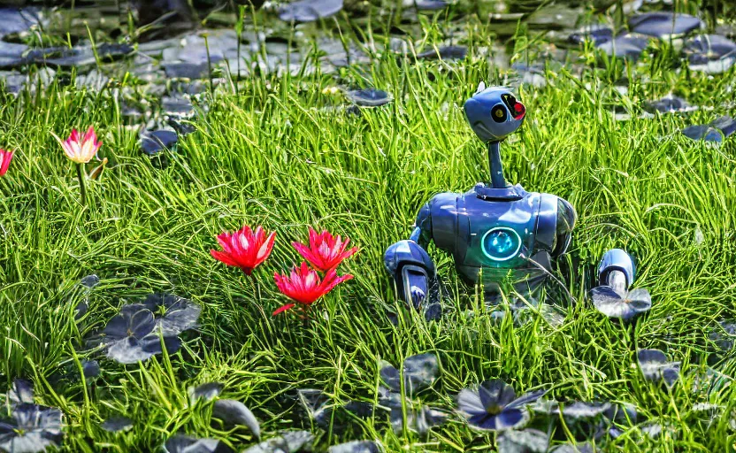 Prompt: close-up of a robot reaching down to grab a single flower in the grass, utopian grassy landscape background, pond with frogs and lilypads, sun shining through the leaves, highly detailed, high quality, HD, 4k, 8k, Canon 300mm, professional photographer, 40mp, lifelike, top-rated, award winning, realistic, sharp, no blur, edited, corrected, trending