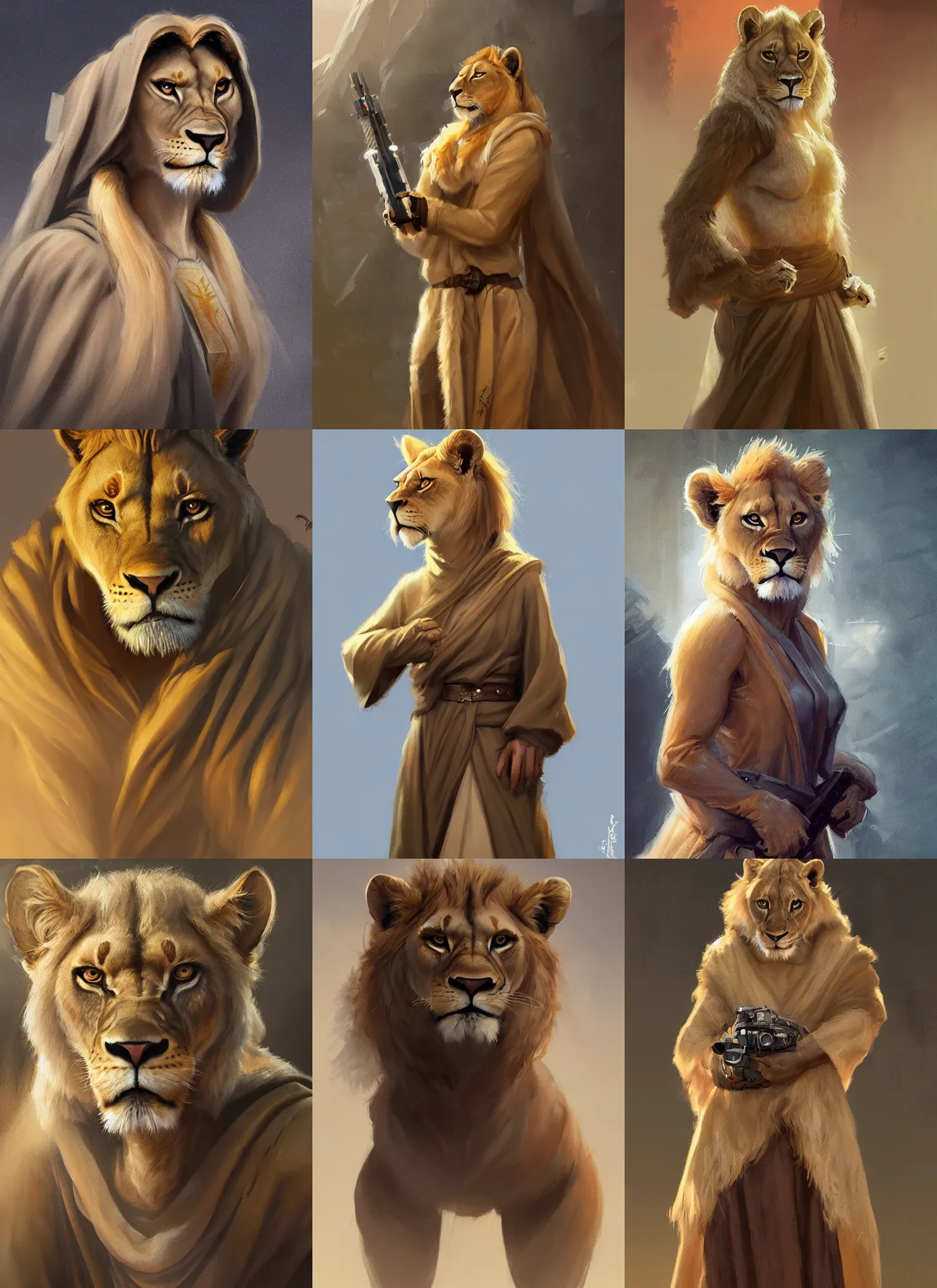 Prompt: a portrait of a female lioness fursona wearing jedi robes, artstation, greg rutkowski, gregory manchess, greg hildebrandt, concept art, furry furaffinity