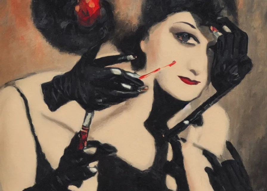 Prompt: oil painting of a 1 9 2 0 s short - haired flapper woman in black satin gloves holding a long cigarette holder, smirking at the camera, at a jazz party in a dimly lit speakeasy, circa 1 9 2 4, colored realistic oil painting
