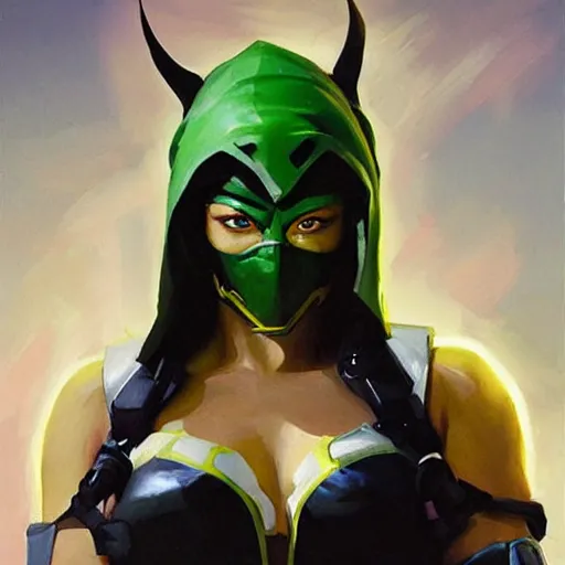 Image similar to greg manchess portrait painting of jade from mortal kombat wearing a half mask as overwatch character, medium shot, asymmetrical, profile picture, organic painting, sunny day, matte painting, bold shapes, hard edges, street art, trending on artstation, by huang guangjian and gil elvgren and sachin teng