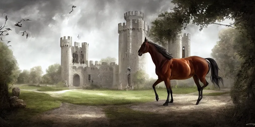 Image similar to plano general de un caballero montado a caballo, colina de fondo con castillo medieval. digital art, art station, realista,