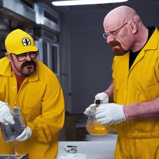 Prompt: wario in yellow overalls and walter white making meth together, still from a tv series