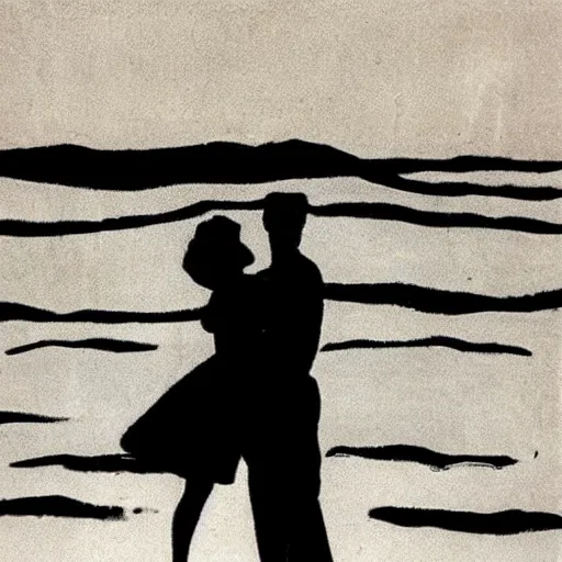 Prompt: “sunrise on a remote beach , silhouette of man holding a woman all in a slight silhouette, 1950s marketing advertisement, Jackson pollock”