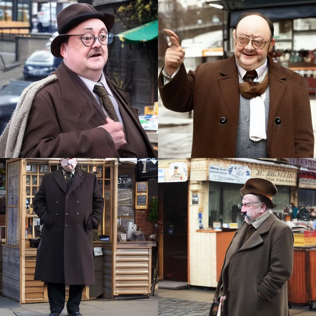 Prompt: Alex Norton as DCI Matthew Burke wearing a brown overcoat standing at an outside market booth