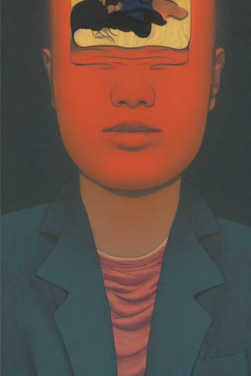 Image similar to a scifi closeup portrait of a young chinese man licking a blotter paper of LSD acid on his tongue and dreaming psychedelic hallucinations in cosmos, by kawase hasui, moebius, Edward Hopper and James Gilleard, Zdzislaw Beksinski, Steven Outram colorful flat surreal design, hd, 8k, artstation