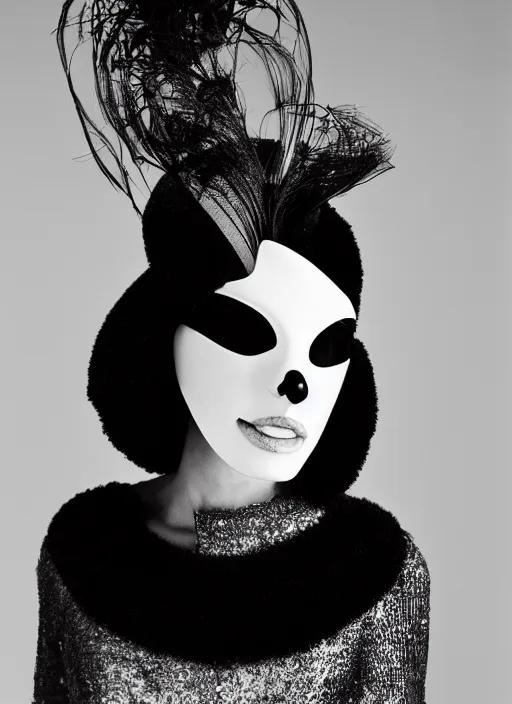 Image similar to a fashion portrait photograph of a woman wearing a high fashion mask art directed by Alexander McQueen, 35mm, pentax, studio lighting