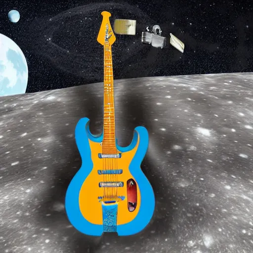 Image similar to a detailed, realistic, idle, regular sized electric guitar next to a detailed, realistic, idle, regular sized beer can on the moon. detailed photo. realistic photo. art deco style