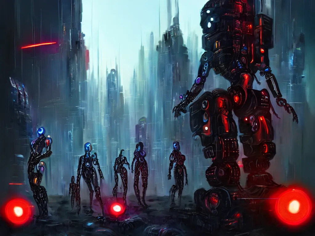 Prompt: humachine humanized experiment, an epic action scene with two distinct robot civilizations at war in an indigenous territory, cyberpunk, sci - fi, cinematic lighting, digital painting, photorealistic, ultra detailed, 4 k, art by jim burns