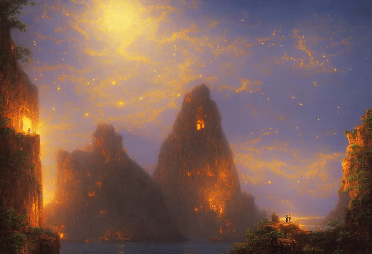 Image similar to a beautiful ultradetailed painting of a single gilded cathedral at the edge of a cliff next to a deep blue sea illuminated by orange fireflies, albert bierstadt, makoto shinkai, 8 k, light effects, trending on artstation