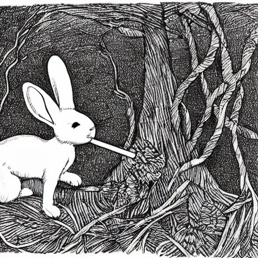 Image similar to drawing of a white bunny smoking a big cigarette in the deep tangled forest, by edward gorey, by gustav dore, black ink on white paper